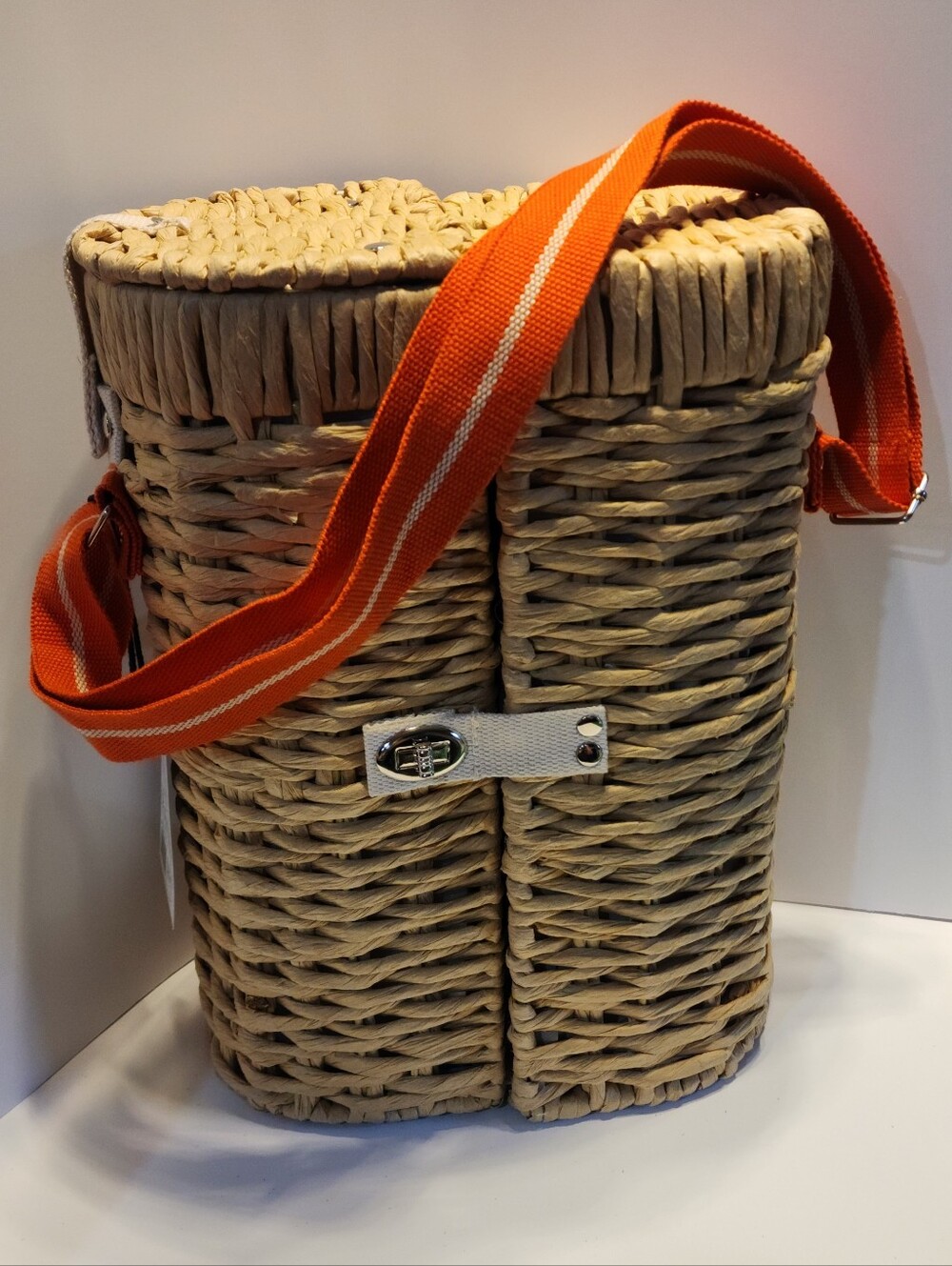 Hearth & Hand Woven Wine Carrier in Natural with Red Strap